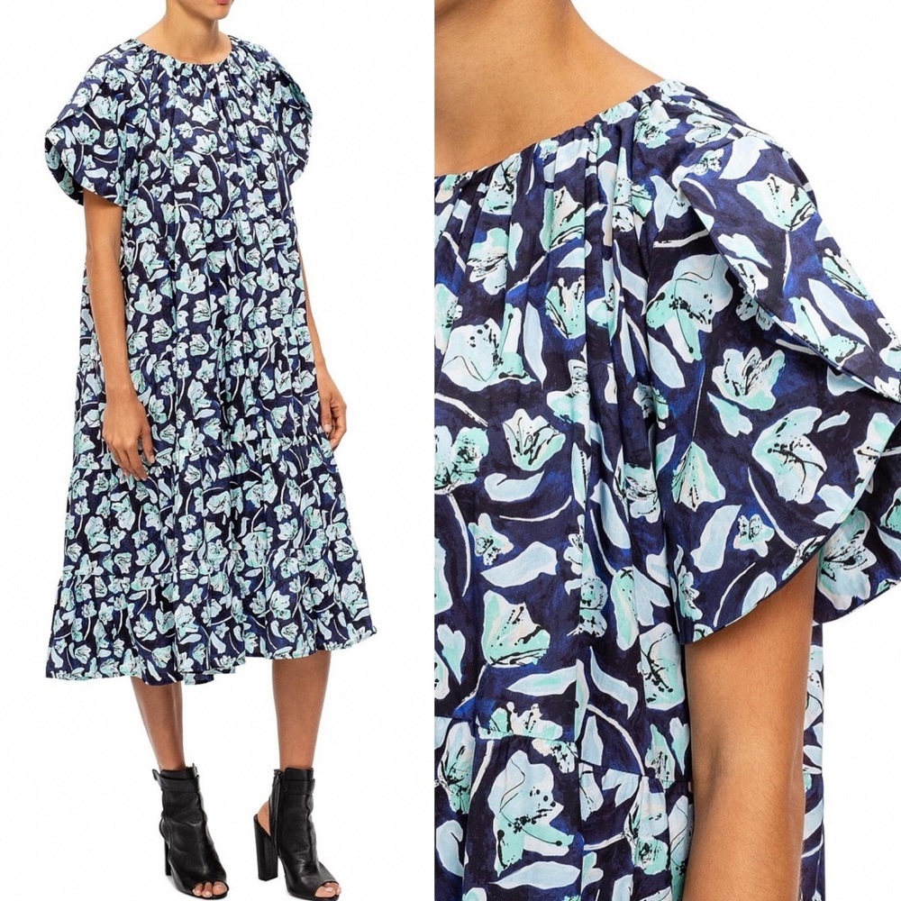 Merlette Alegre Dress Floral Tiered Midi Tulip Sleeve Ruched Neck Cotton Blue L